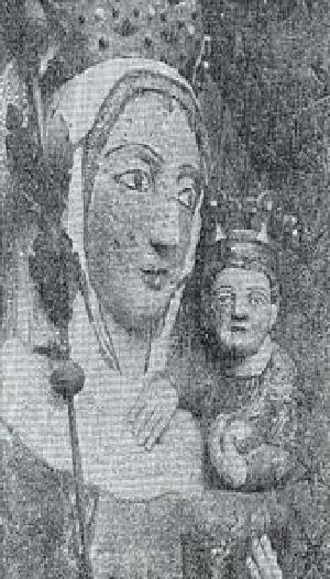 Una vecchia foto del primo piano della faccia di 8 tester di statua alta dello stucco del virgin Mary dal castello di Malbork.
